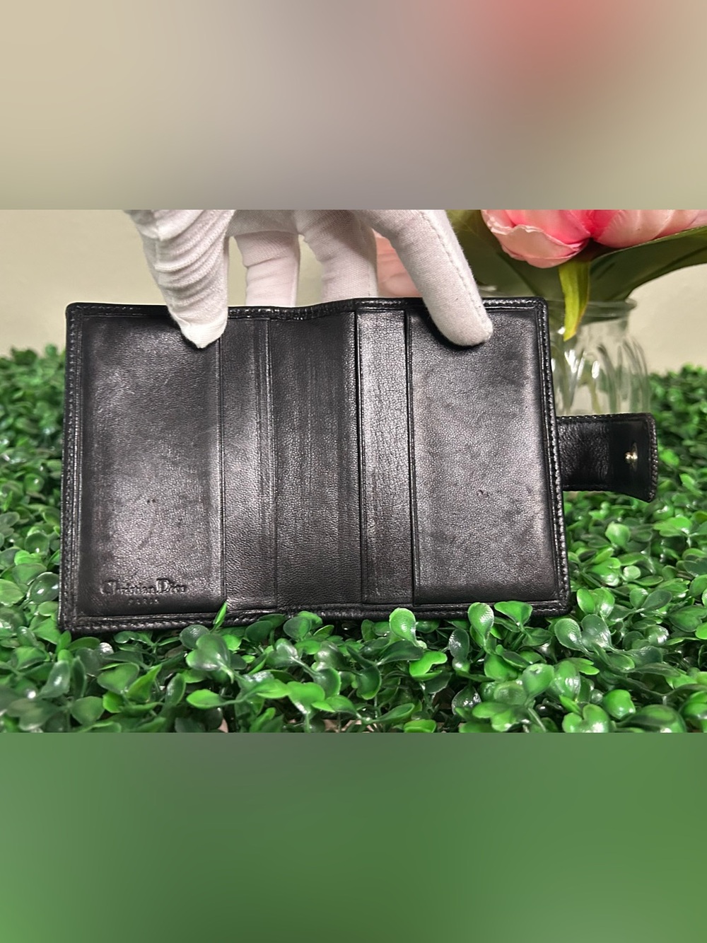 Christian Dior Black Perforated Leather Card Holder Compact Wallet